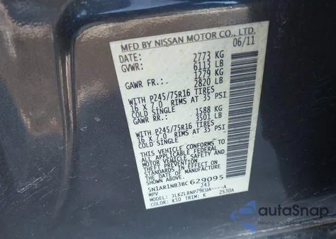 2011 Nissan Pathfinder S z USA, uszkodzony, nr VIN 5N1AR1NB3BC629095